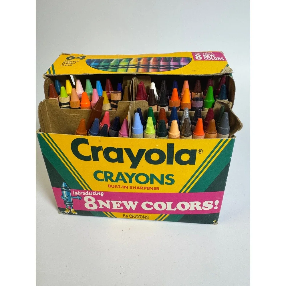 Vintage 1990 Crayola 64 Crayons Box with Sharpener 8 New Colors Collectible Art